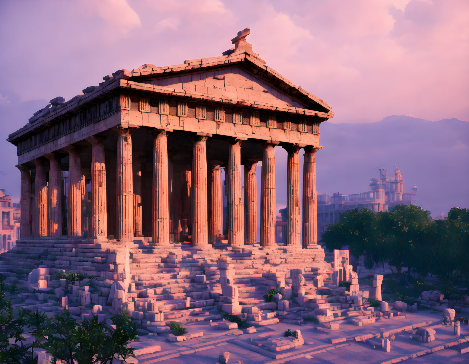 Digitally rendered sunset scene of Parthenon on Acropolis in vibrant colors