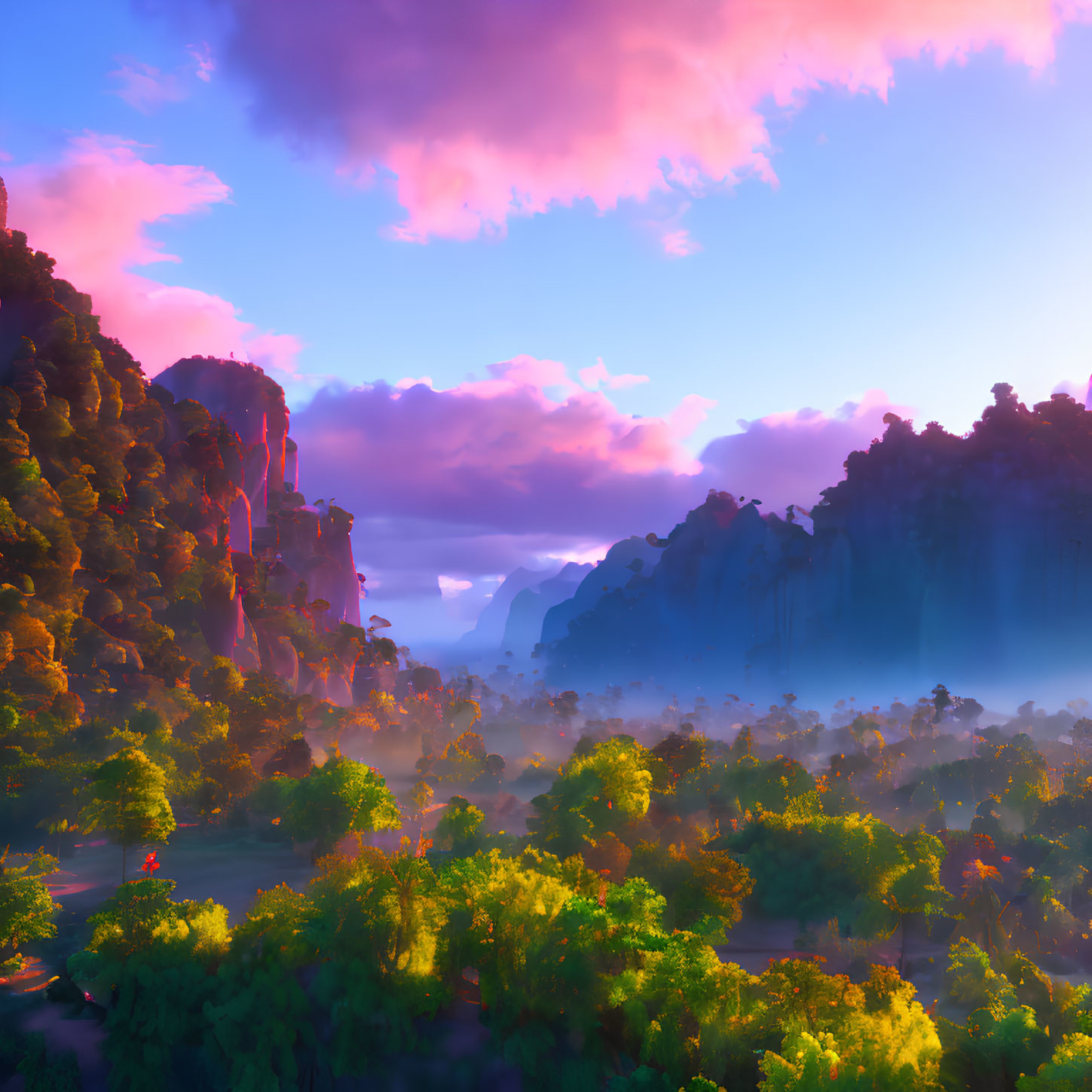 Scenic landscape with pink clouds, greenery, and towering cliffs at sunrise