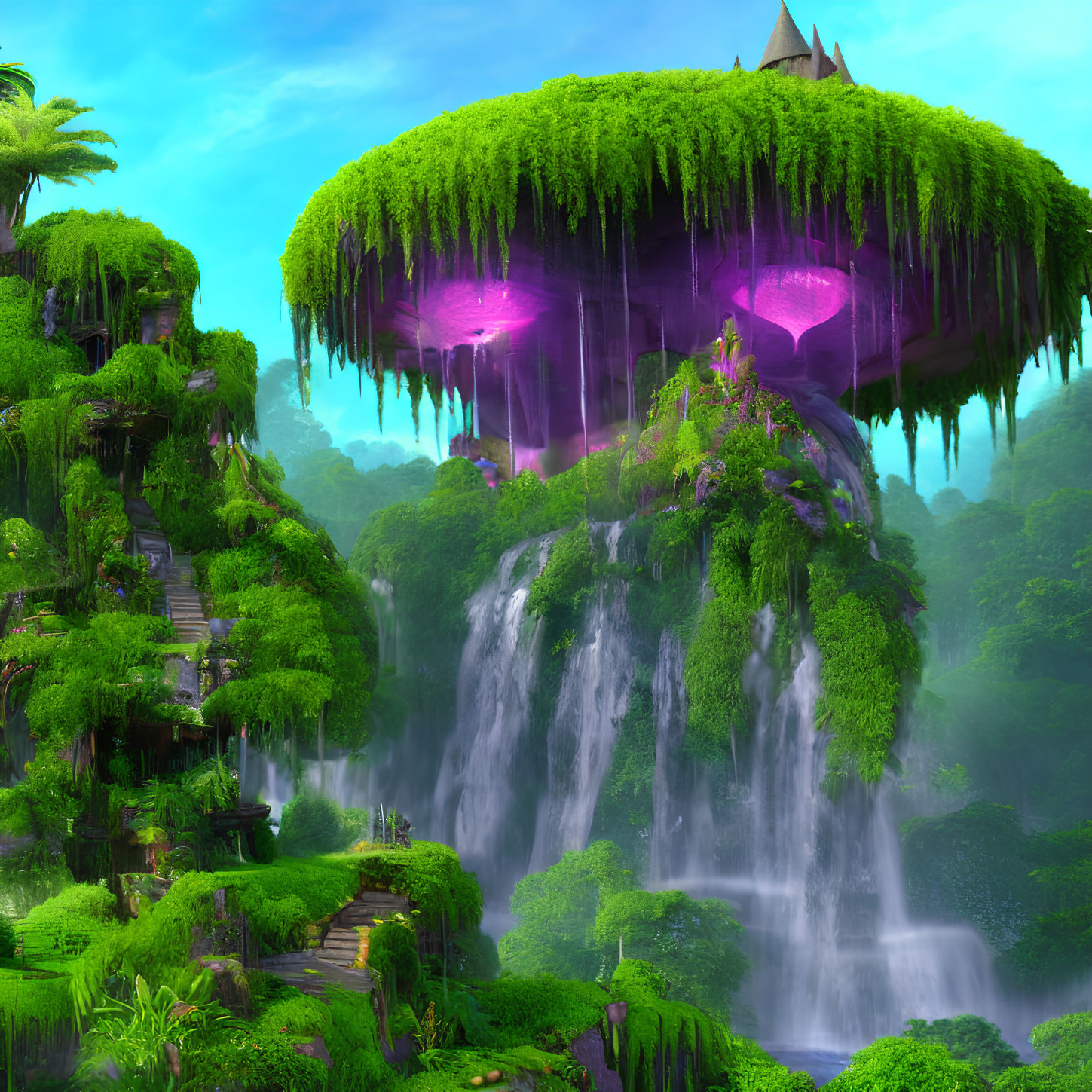 Lush Green Floating Island with Waterfalls and Purple Crystals