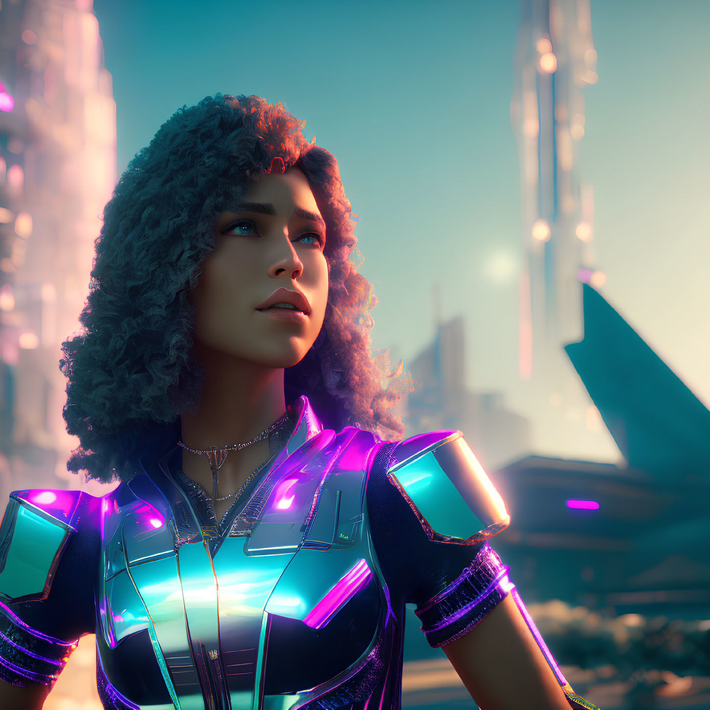 Curly-haired woman in futuristic armor gazes against neon-lit skyscrapers