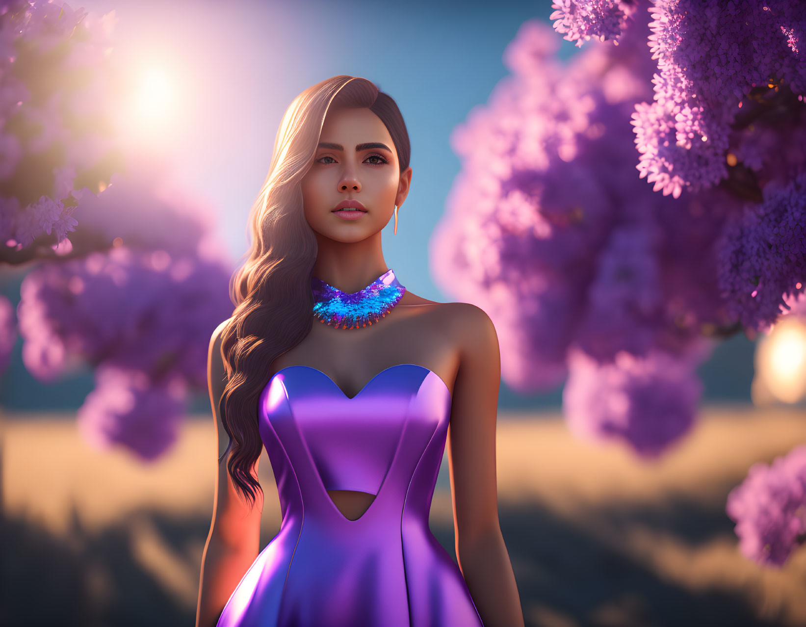 Digital artwork: Woman in purple dress with long hair, colorful necklace, surrounded by blooming trees under