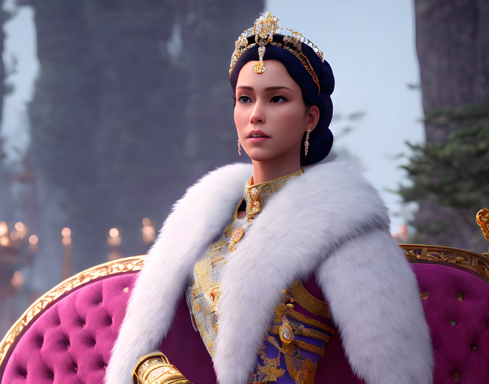 Regal woman in golden crown and jewelry on purple throne with forest background