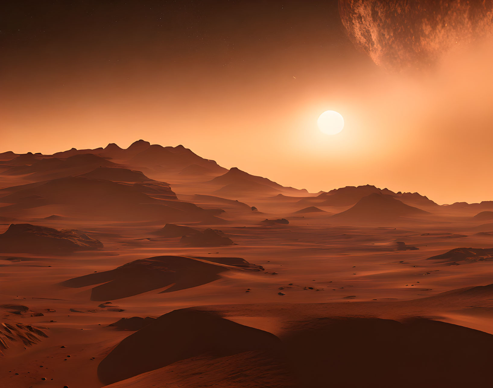 Martian sunset over dark mountains and dunes