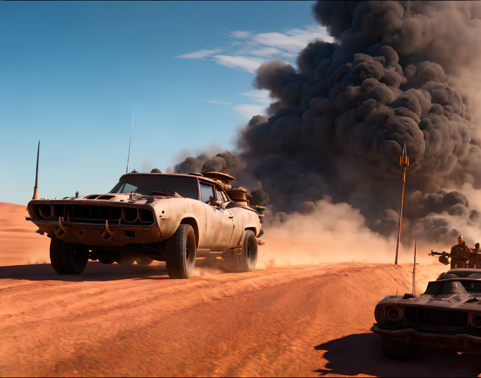 Desert car chase with smoke cloud and rugged vehicles