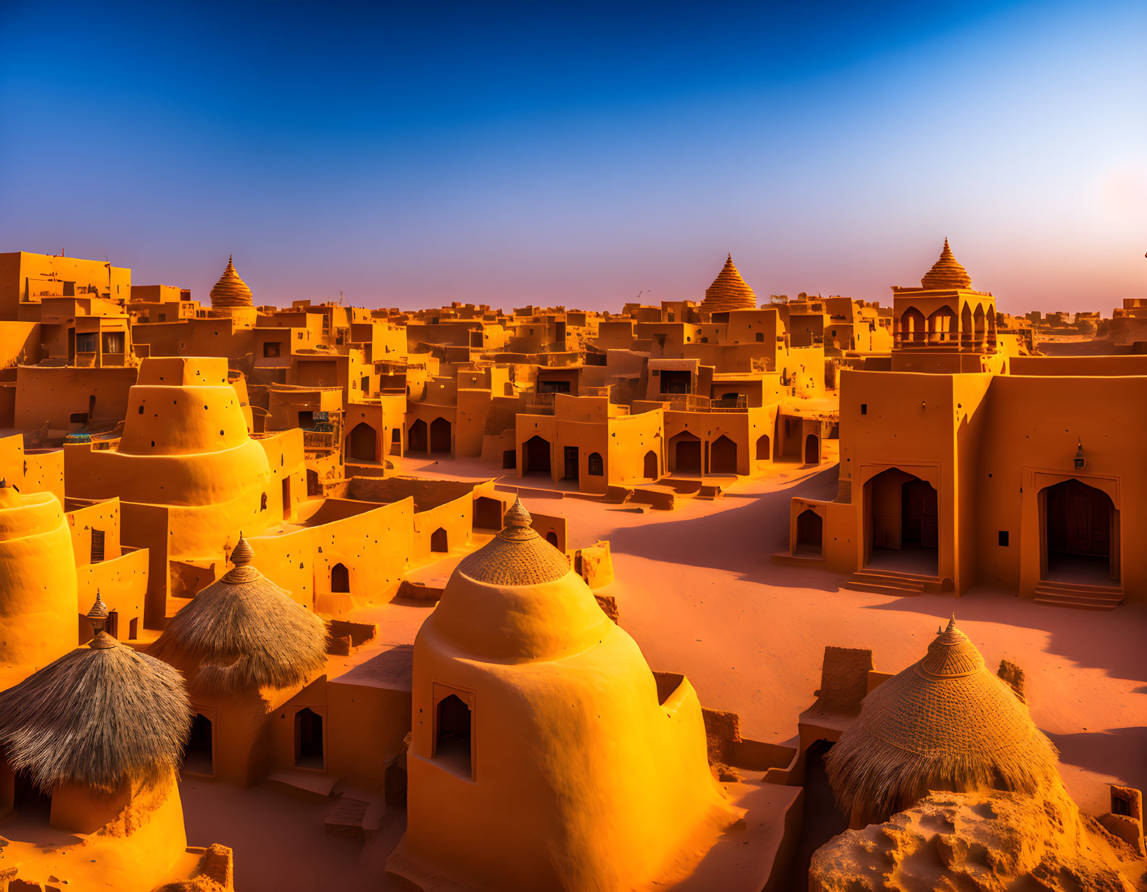 Traditional desert settlement with mud-brick buildings and domes at twilight