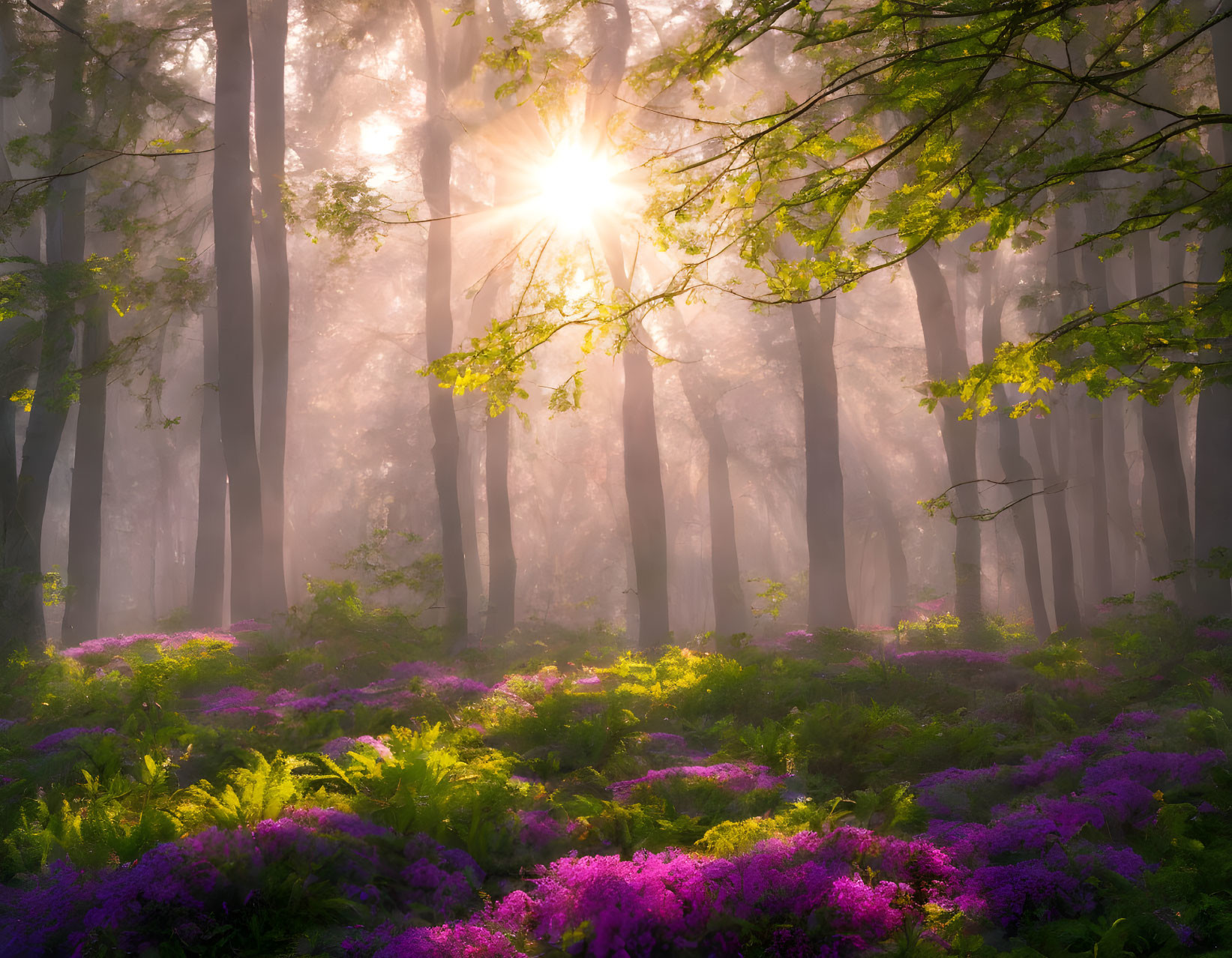 Misty forest scene with tall trees and purple flowers