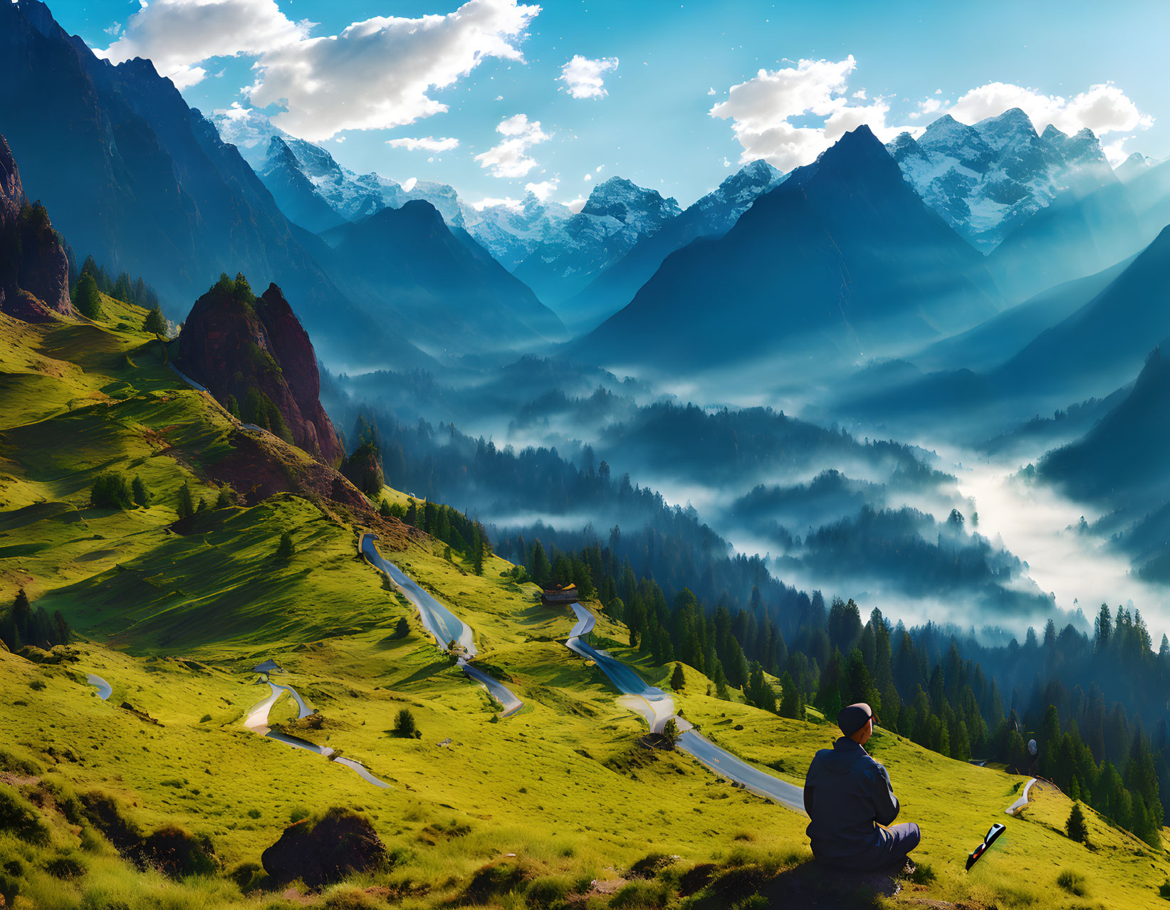 Person sitting on hill gazes at serene mountain landscape