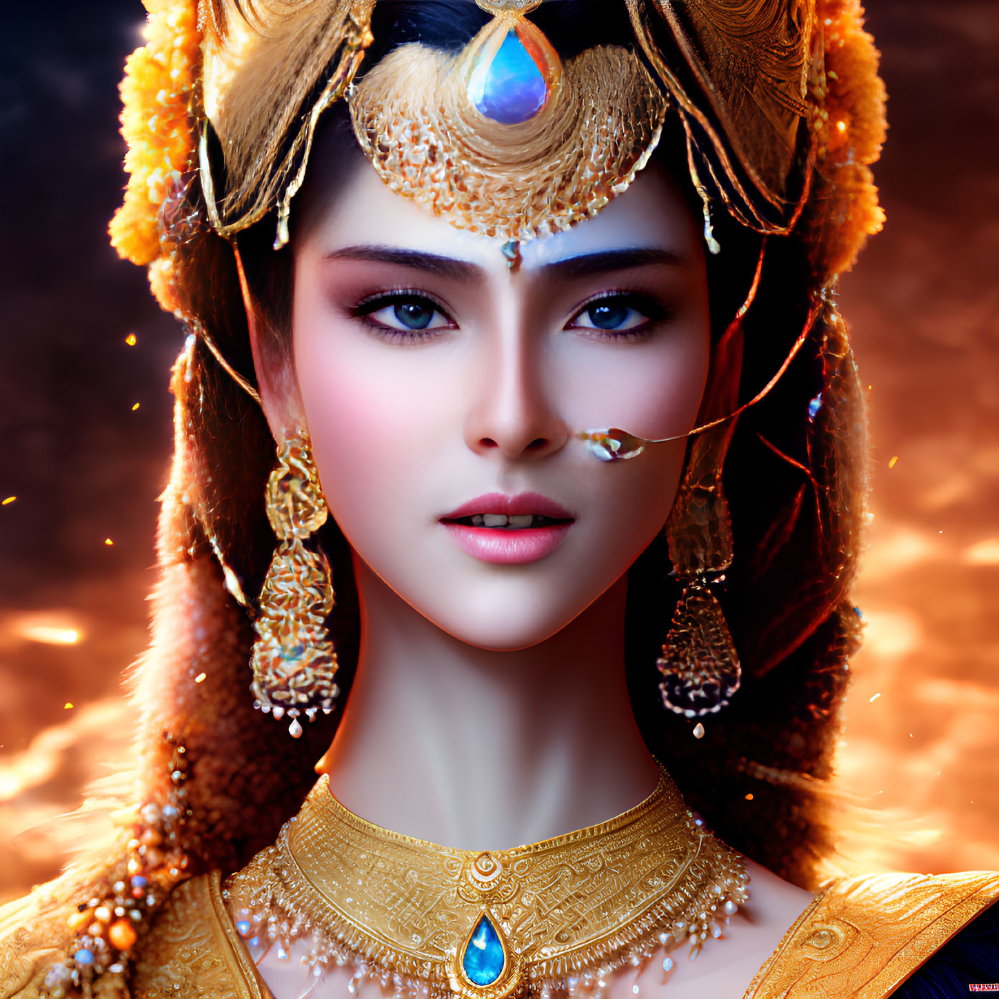 Striking Woman in Elaborate Golden Jewelry and Headdress