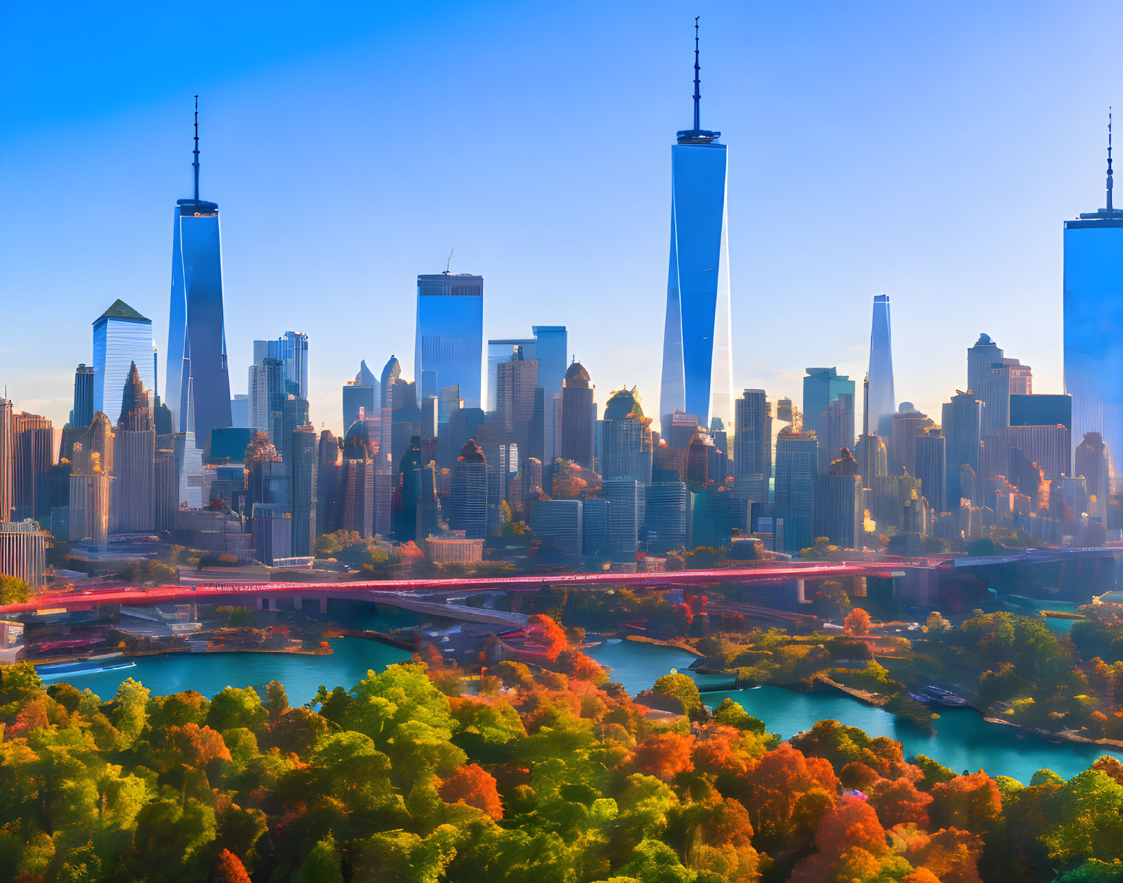 City skyline with skyscrapers, bridge, and autumn foliage aerial view