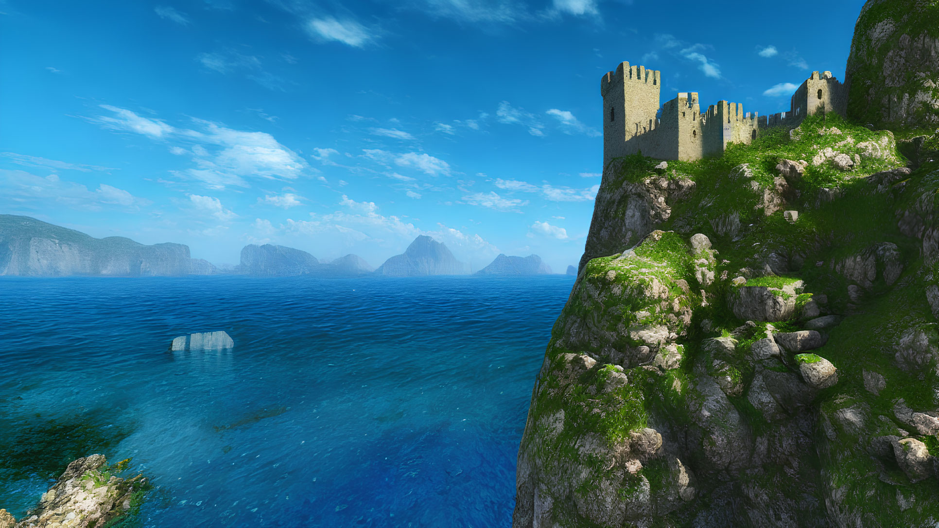 Fantasy coastal landscape with castle on lush cliff overlooking blue sea