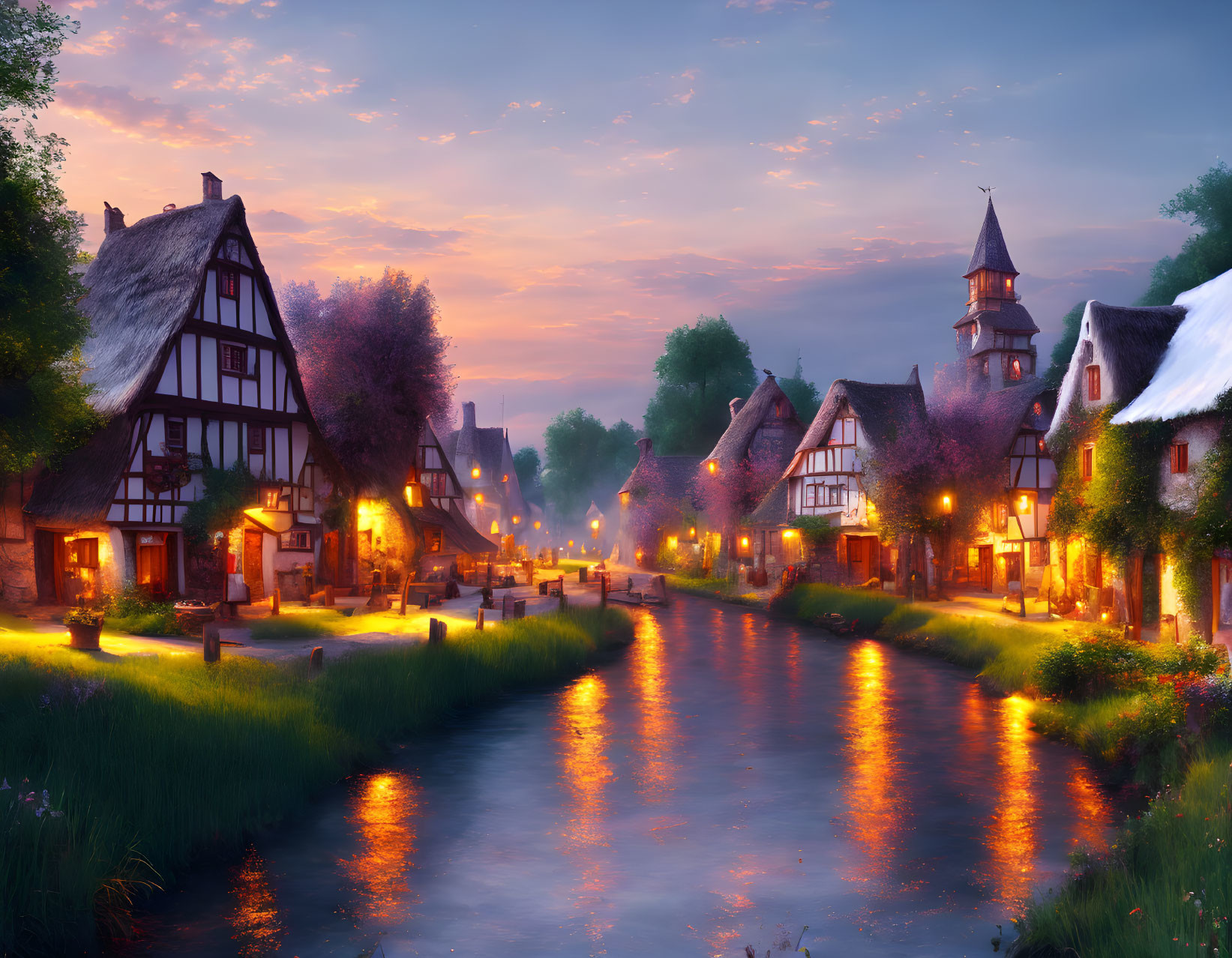 Quaint village with traditional houses by serene river at dusk