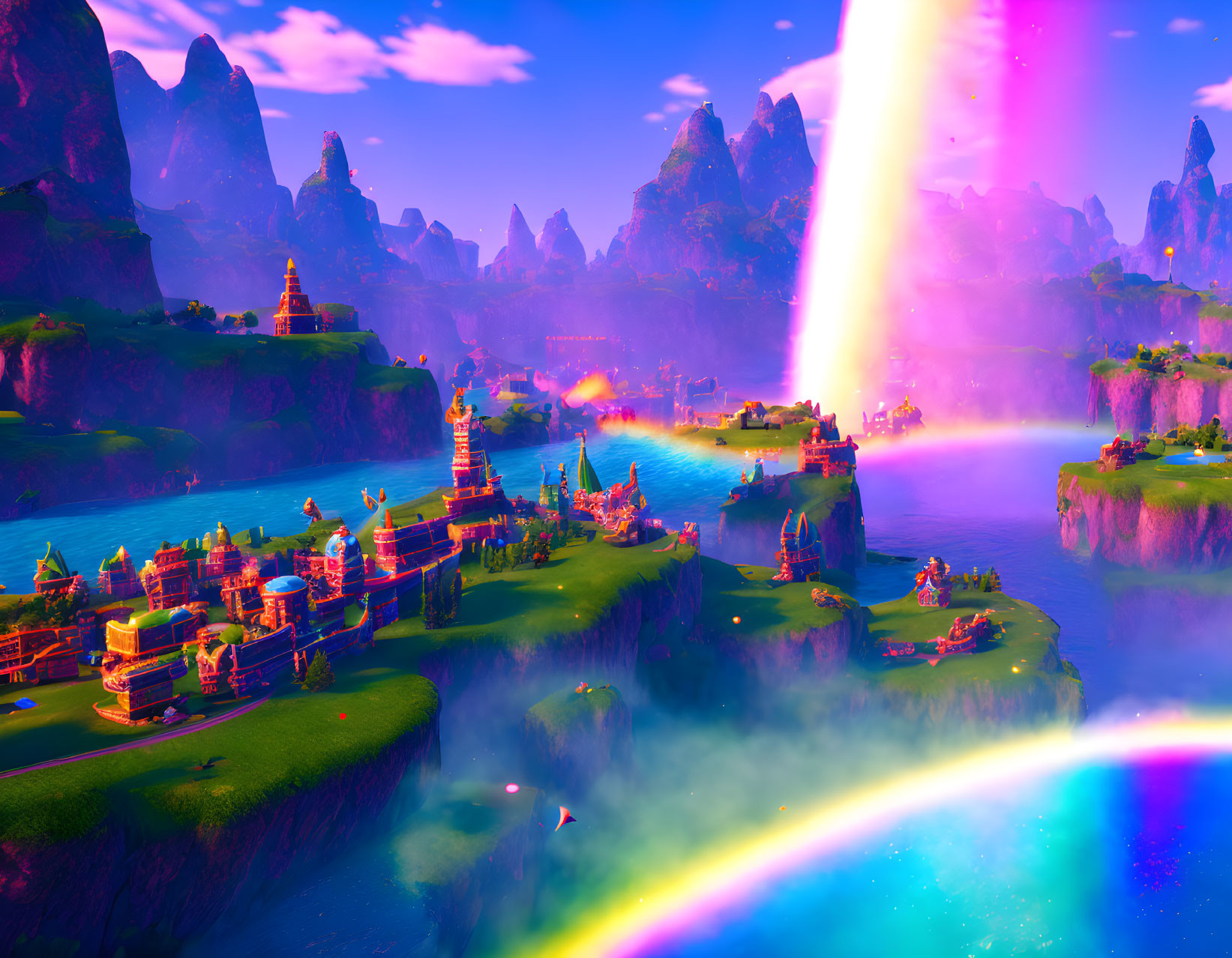 Colorful, whimsical fantasy landscape with floating islands and waterfalls