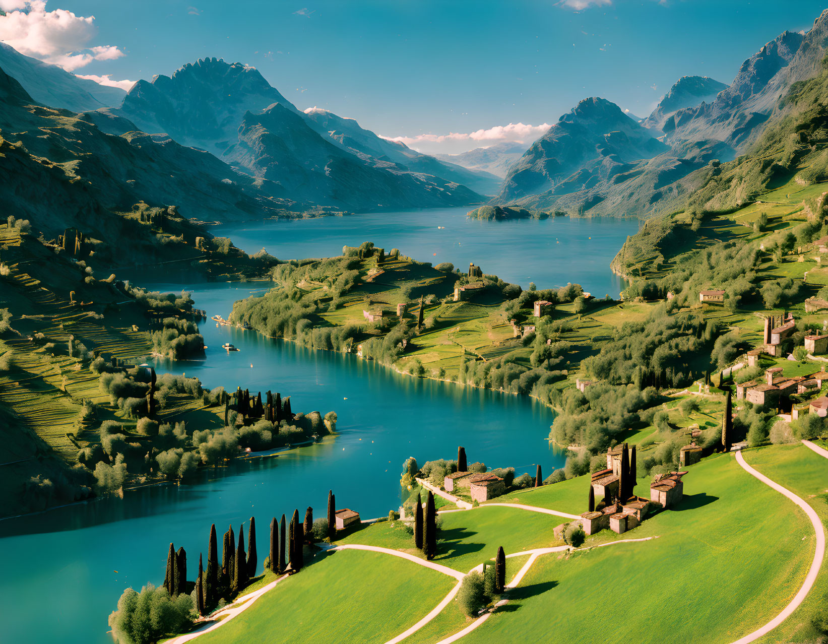 Tranquil lakeside valley with green hills, winding roads, buildings, mountains