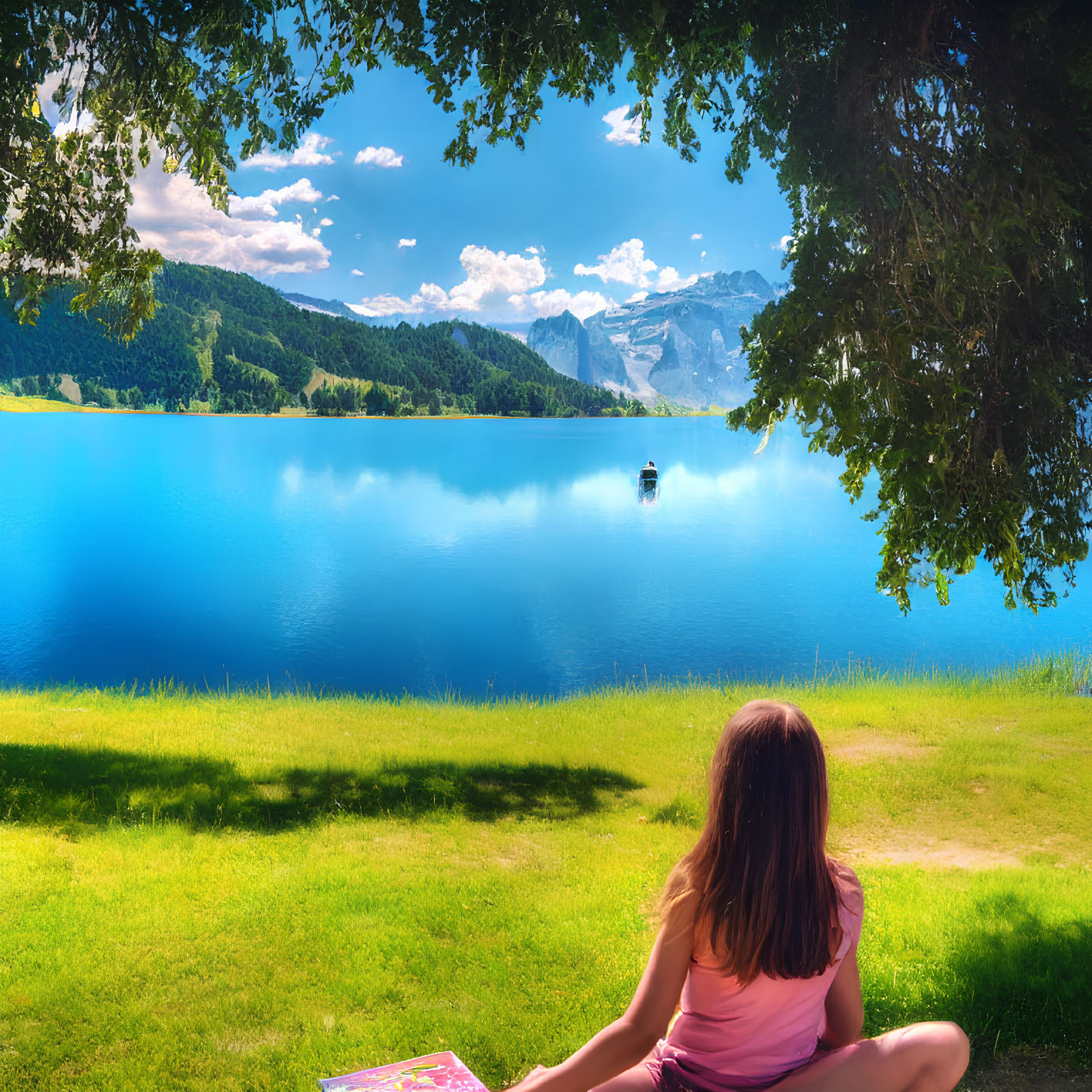 Serene lakeside view with person under tree, boat, and mountains