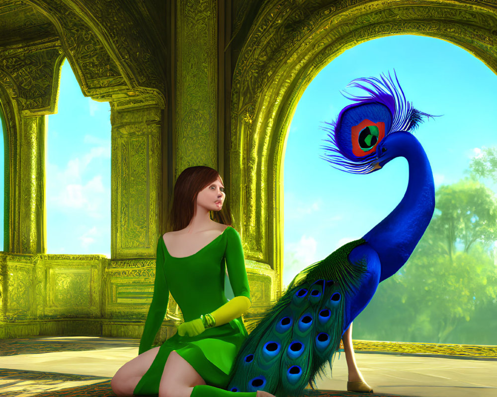 Woman in green dress with peacock in ornate archway under sunlight