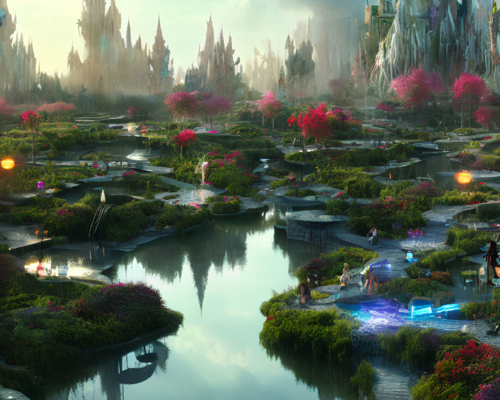 Colorful landscape with pink-flowered trees, waterways, and futuristic structures.