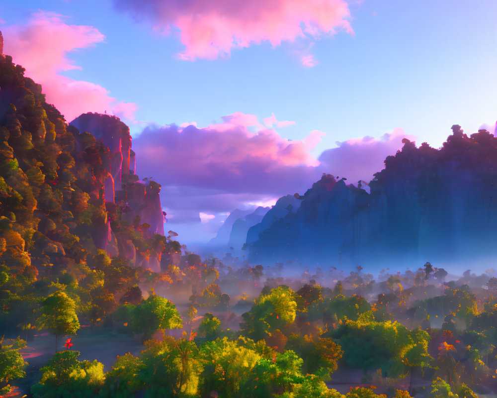 Scenic landscape with pink clouds, greenery, and towering cliffs at sunrise