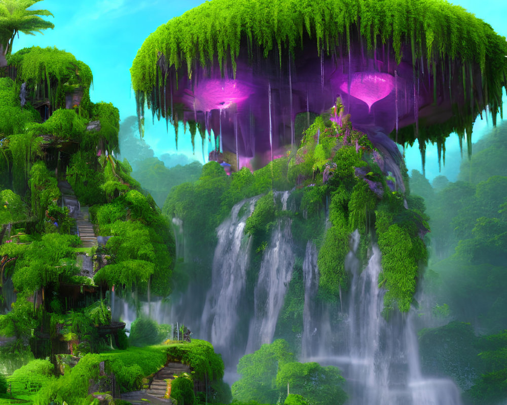 Lush Green Floating Island with Waterfalls and Purple Crystals