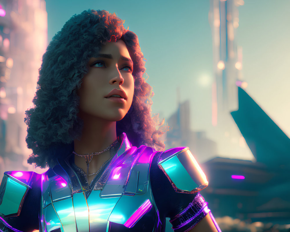 Curly-haired woman in futuristic armor gazes against neon-lit skyscrapers