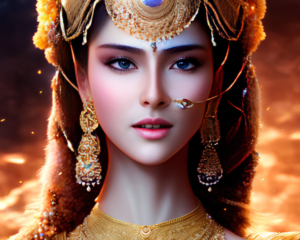 Striking Woman in Elaborate Golden Jewelry and Headdress