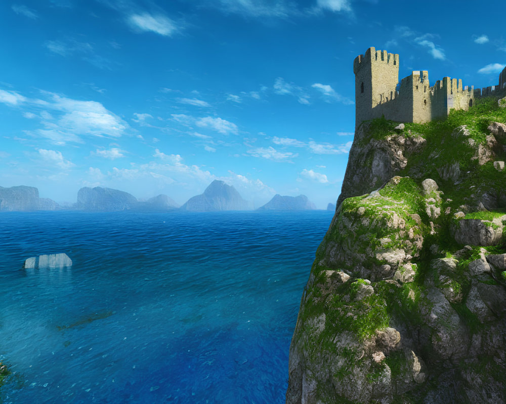 Fantasy coastal landscape with castle on lush cliff overlooking blue sea