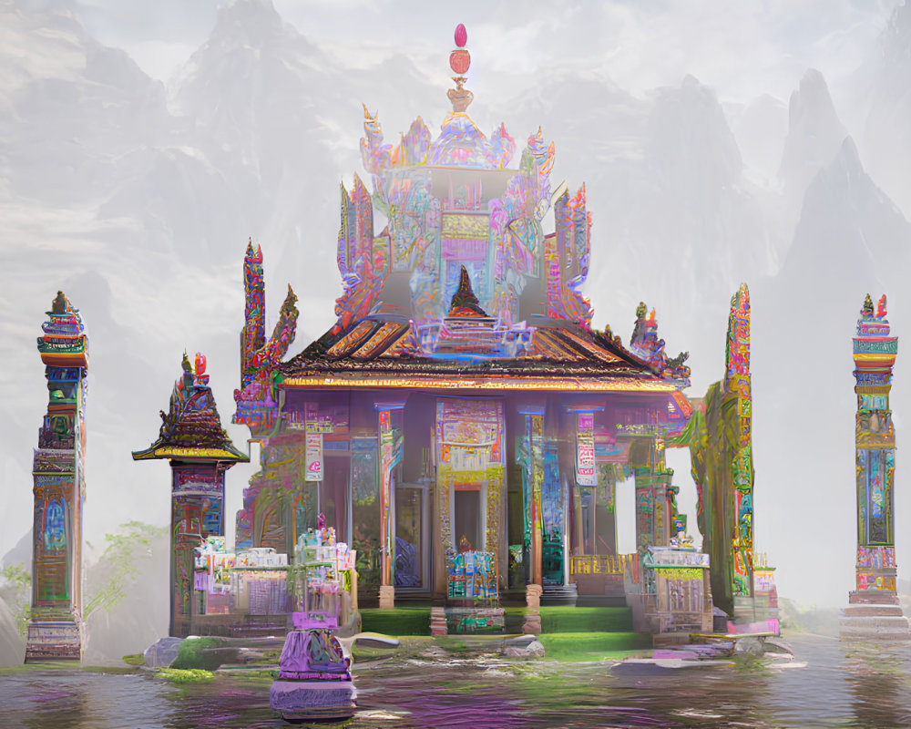 Colorful Ornate Temple Surrounded by Water and Misty Mountains