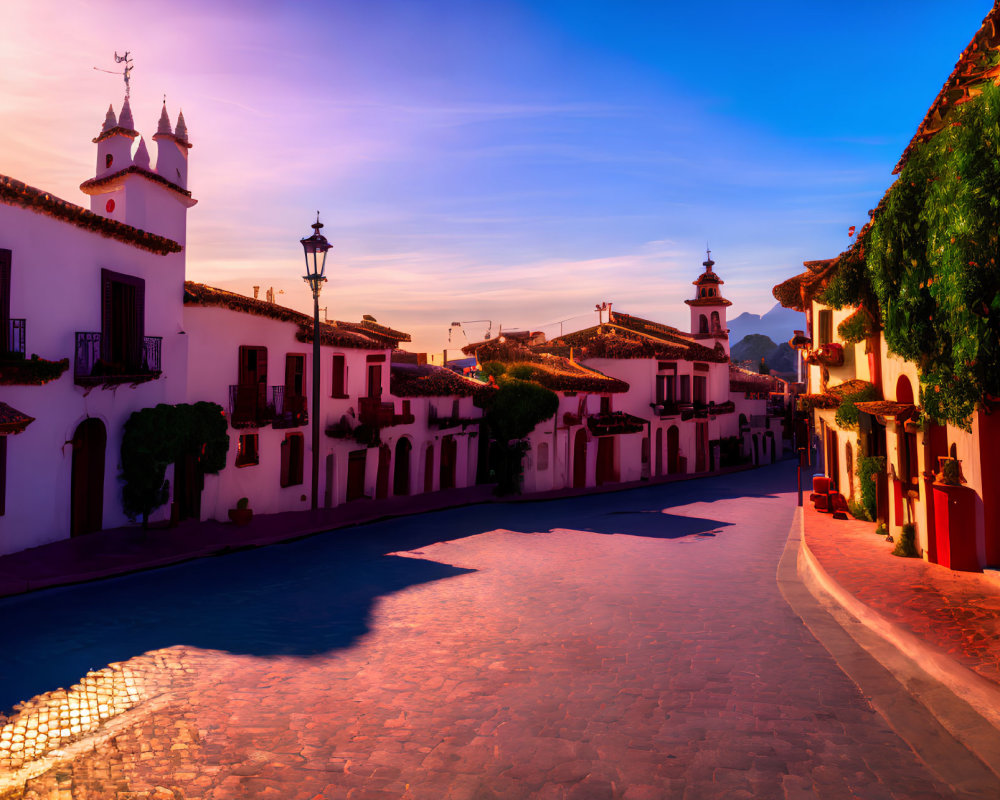 Traditional village street with white buildings and terracotta roofs at sunset