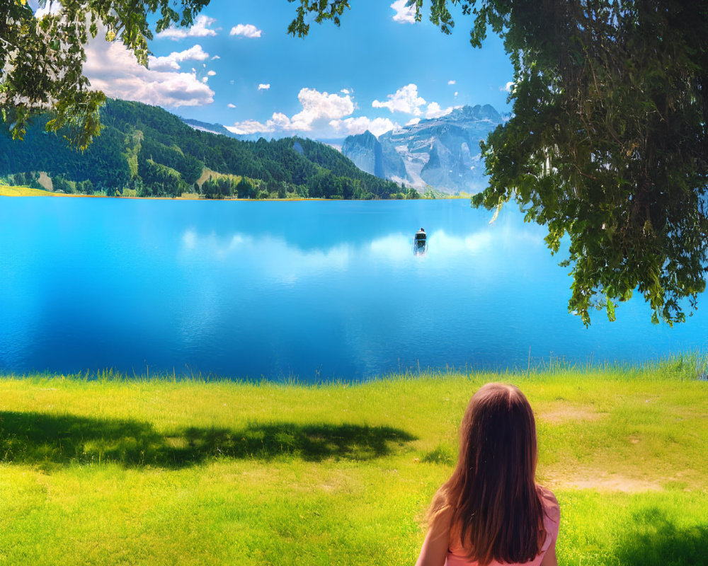 Serene lakeside view with person under tree, boat, and mountains