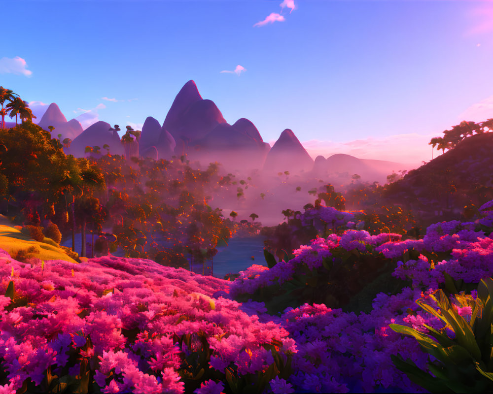 Digital landscape with purple flora, misty mountains, and pink sunset sky