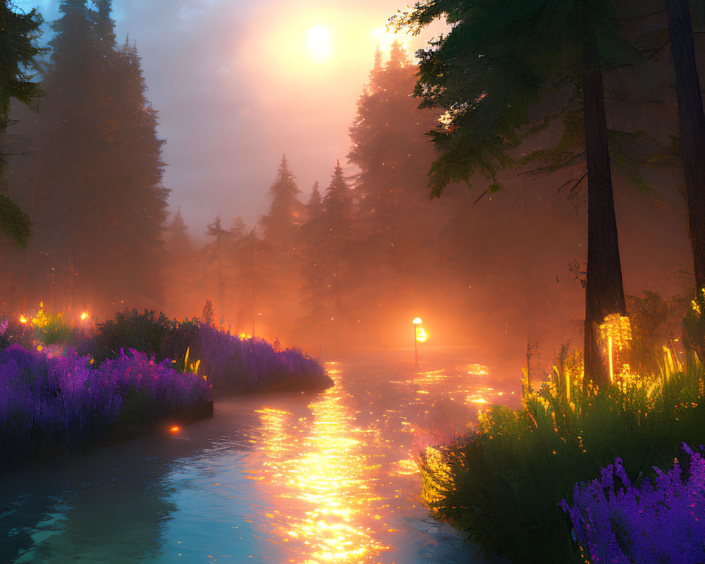 Scenic sunset over misty river with trees and wildflowers