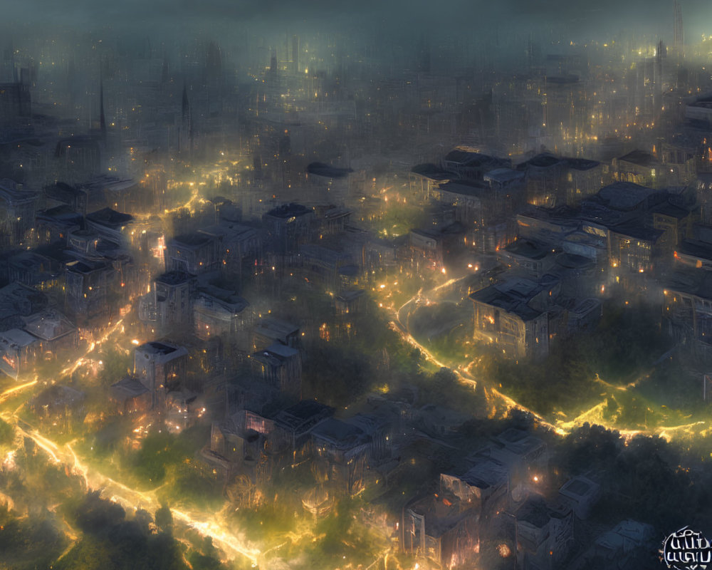 Dystopian nocturnal cityscape with dilapidated buildings and glowing streets