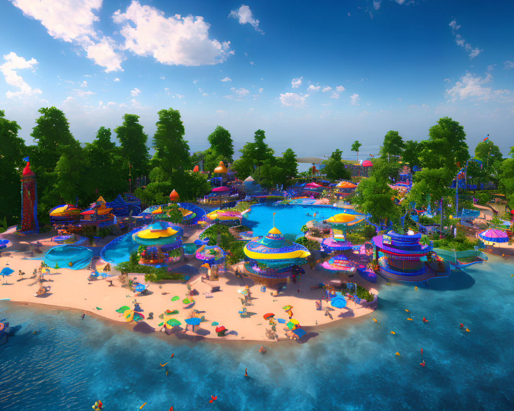 Vibrant seaside waterpark with pools, slides, and umbrellas on a busy summer day