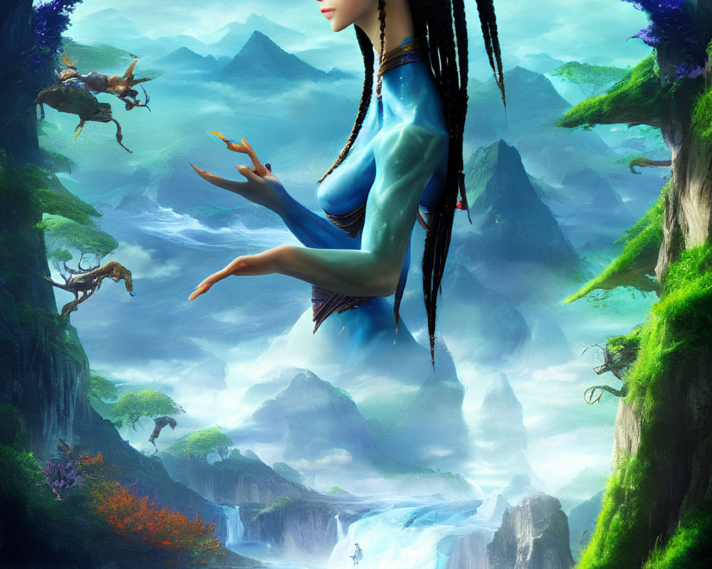 Fantasy landscape with floating blue-skinned humanoid, lush greenery, waterfalls & flying creatures