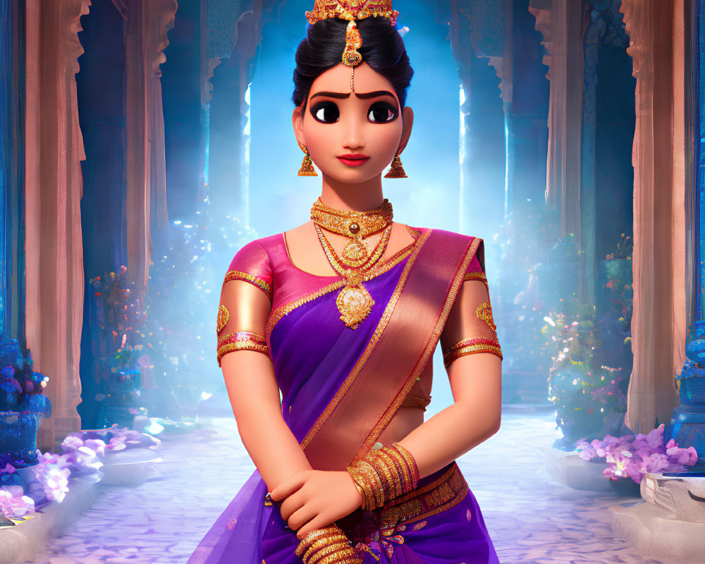 Traditional Indian Attire: Animated Female Character in Ornate Palace Corridor