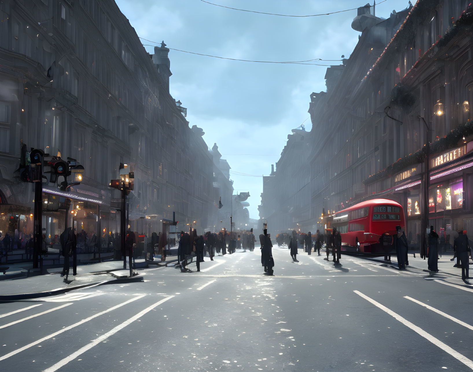 Urban street with red bus, pedestrians, buildings, and hazy sky