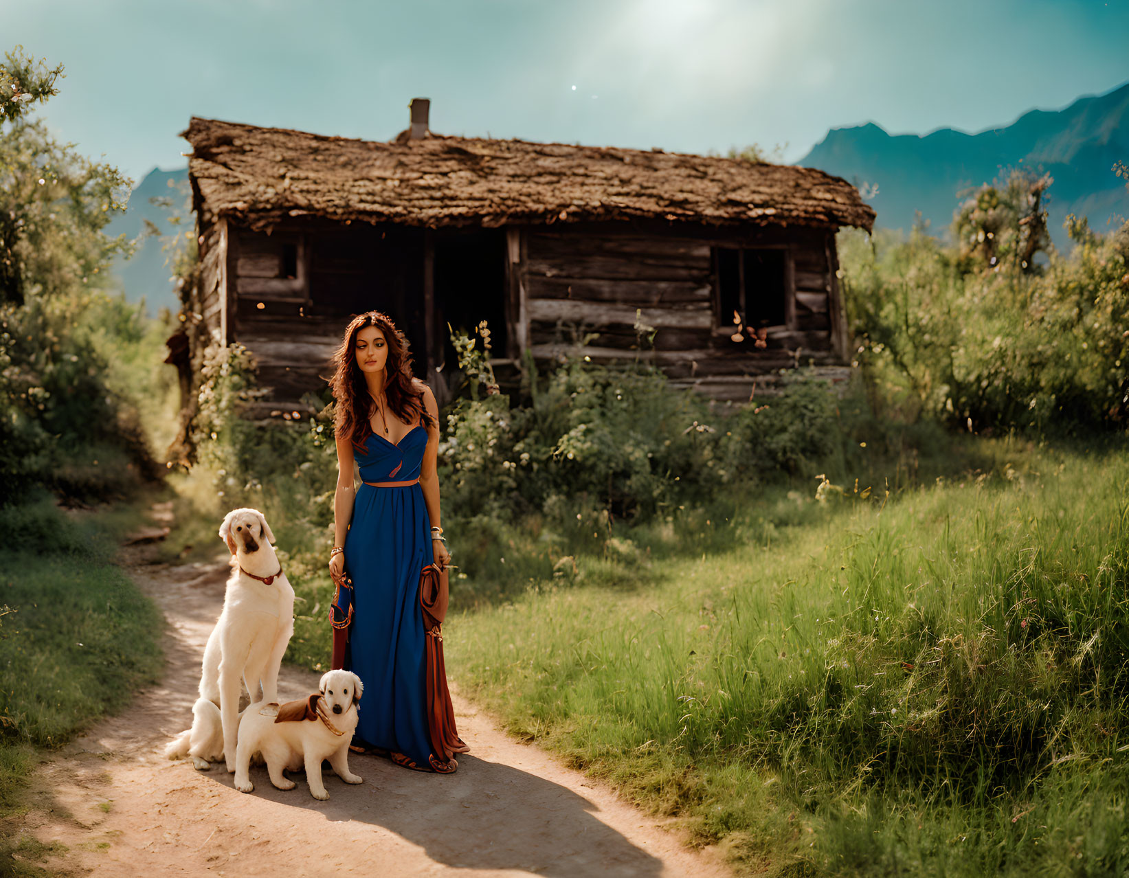 Woman in blue dress with two dogs by rustic cabin in greenery under hazy sky