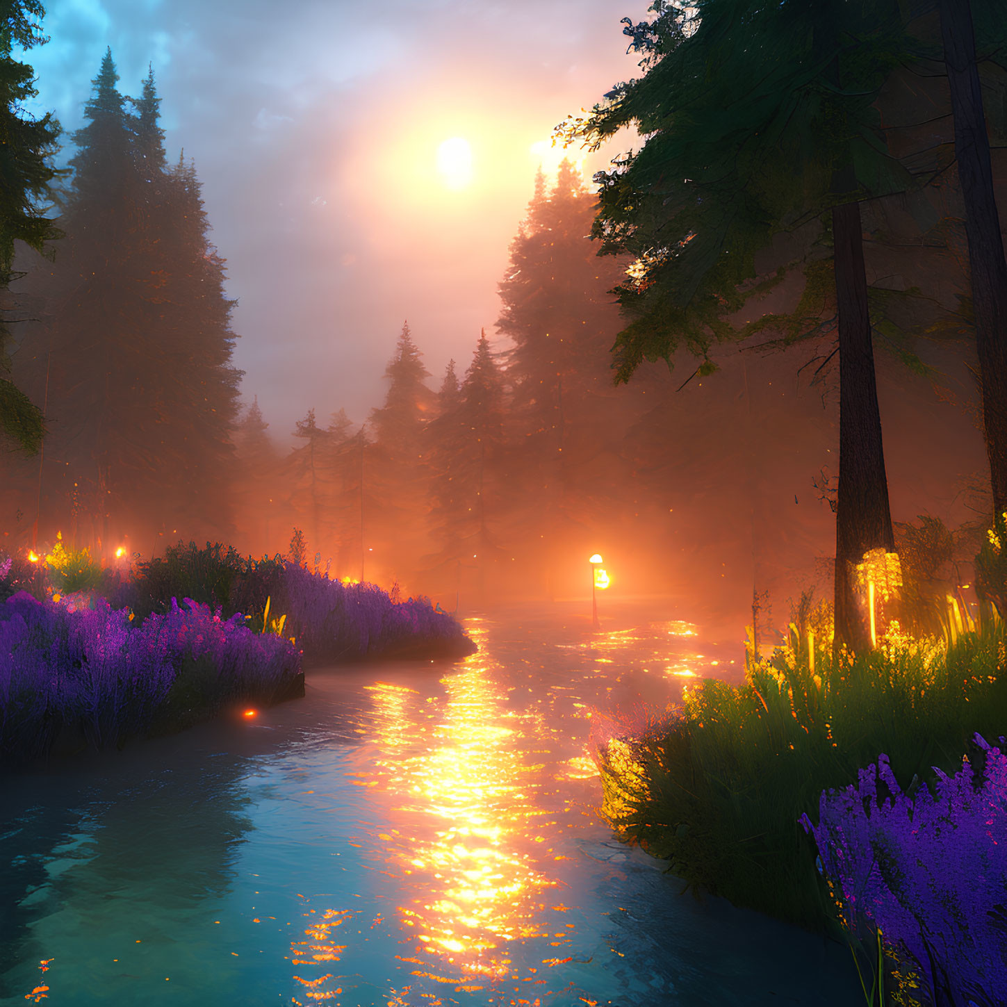 Scenic sunset over misty river with trees and wildflowers