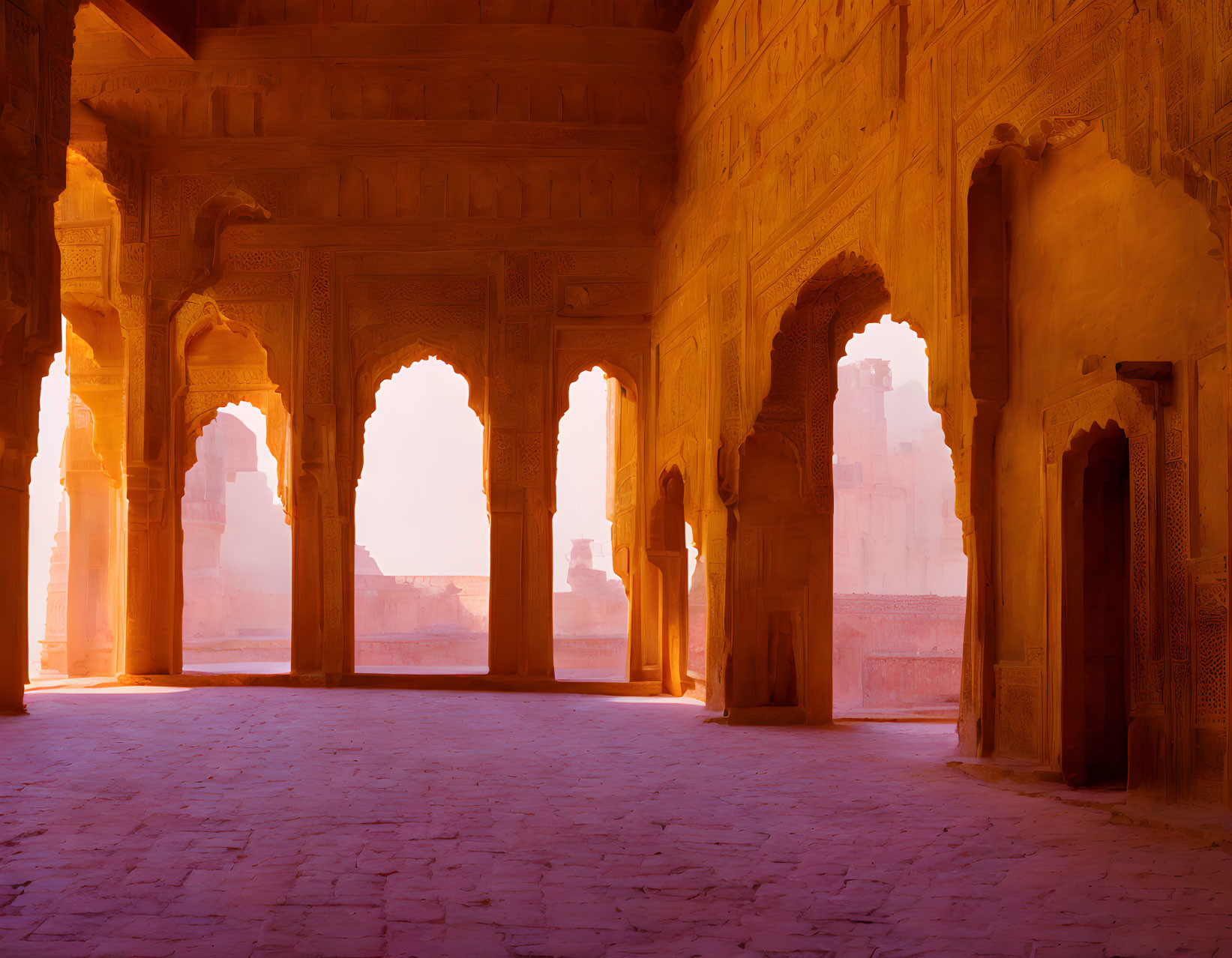 Ancient orange-hued fort with ornate arches and sunlight shadows