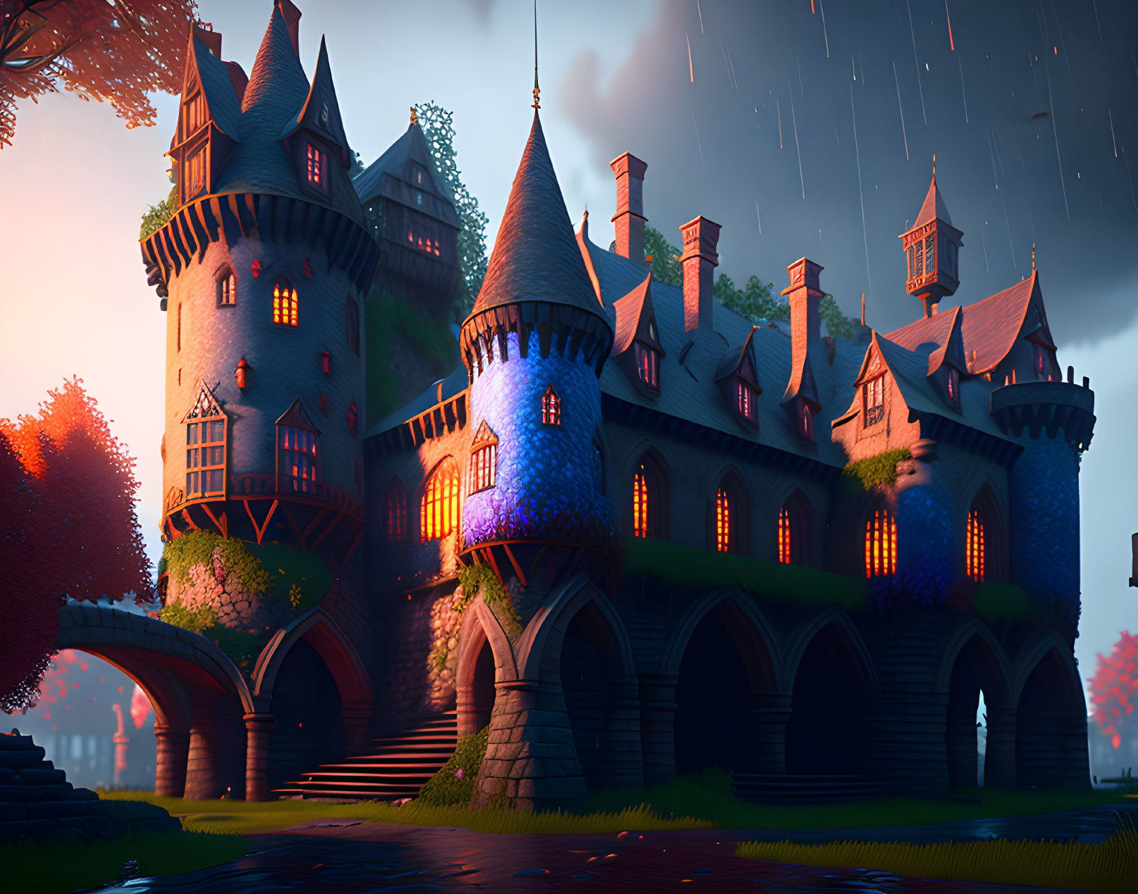 Enchanting castle scene at twilight with illuminated windows.