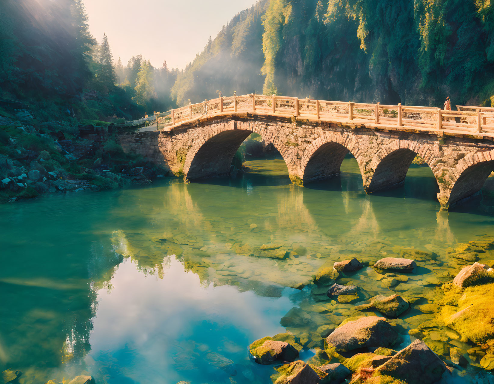 Tranquil river scene: Arched stone bridge, lush greenery, warm sunlight