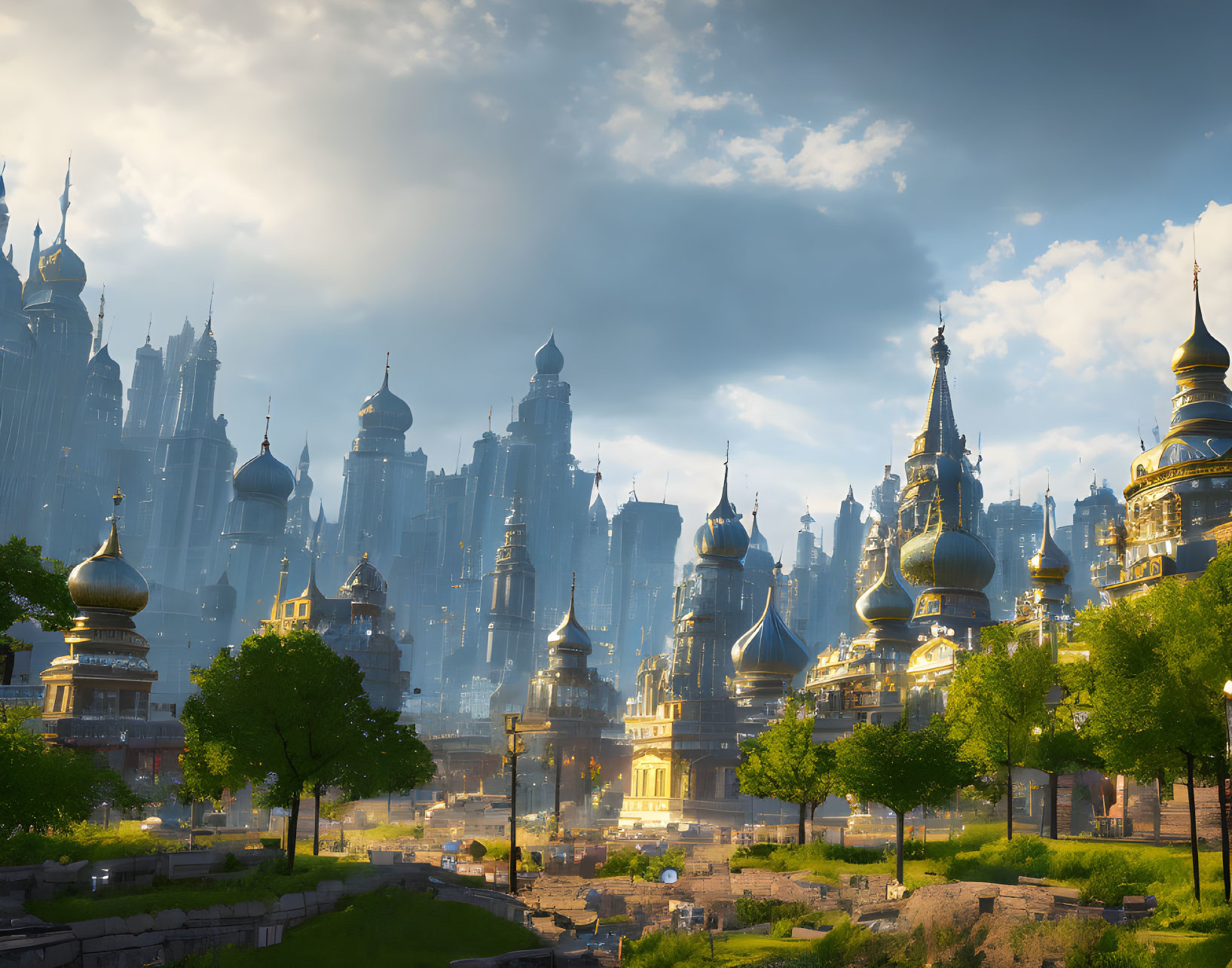 Fantastical city with towering spires and golden domes