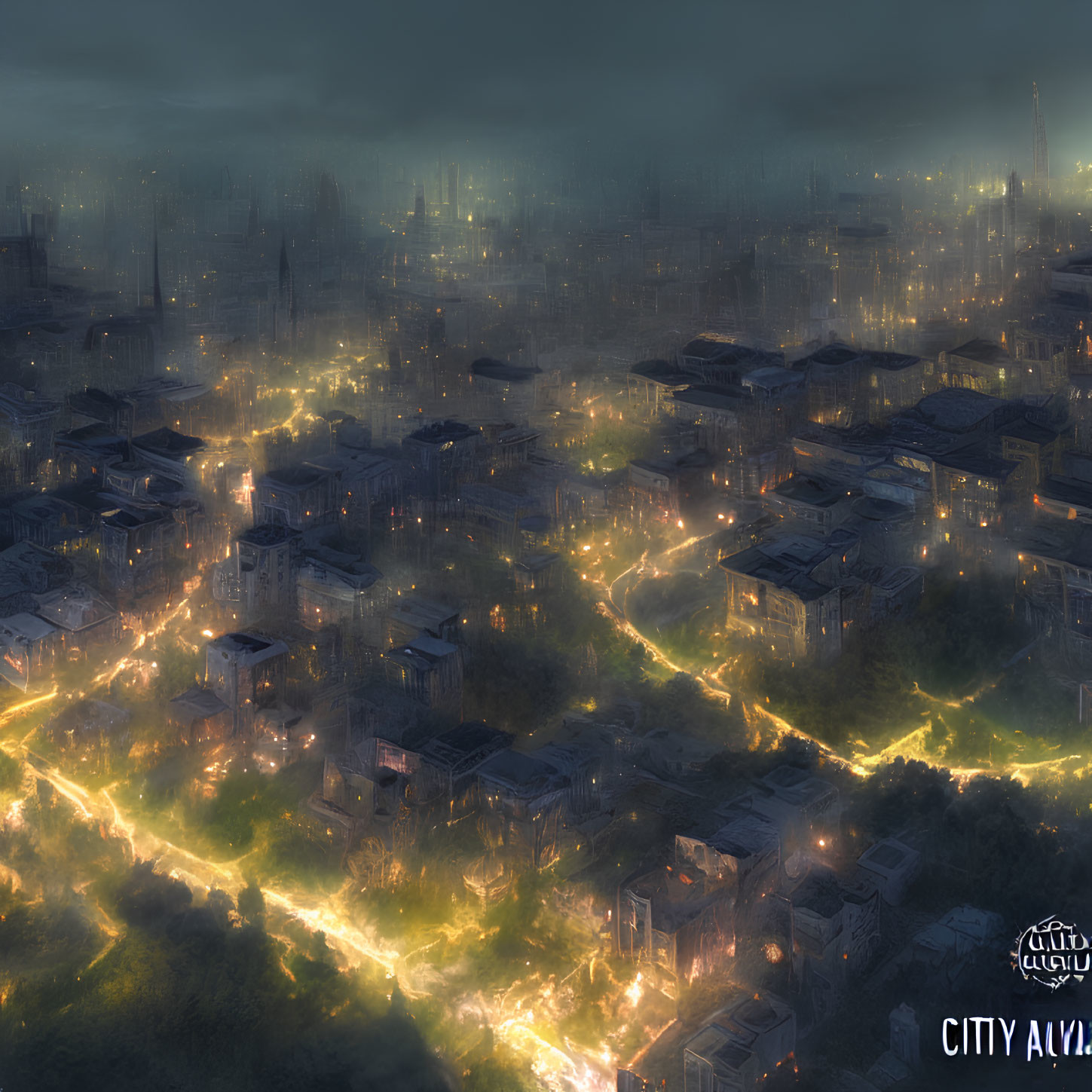 Dystopian nocturnal cityscape with dilapidated buildings and glowing streets