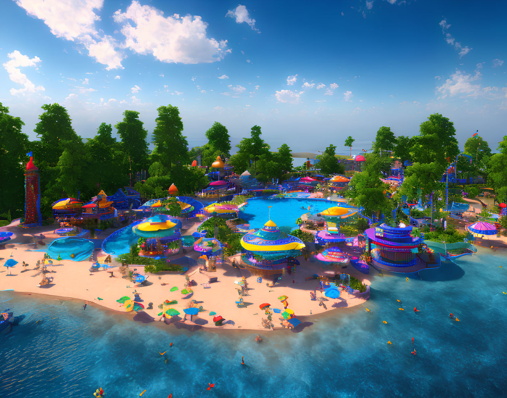 Vibrant seaside waterpark with pools, slides, and umbrellas on a busy summer day