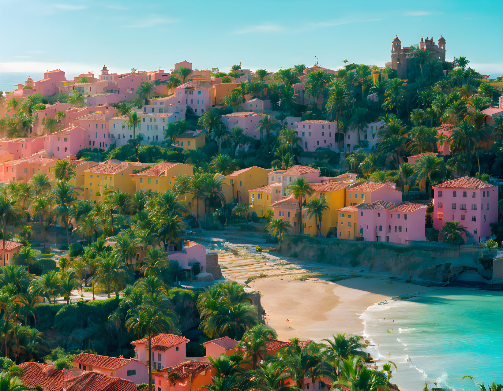 Pastel-colored coastal village with sandy beach & palm trees