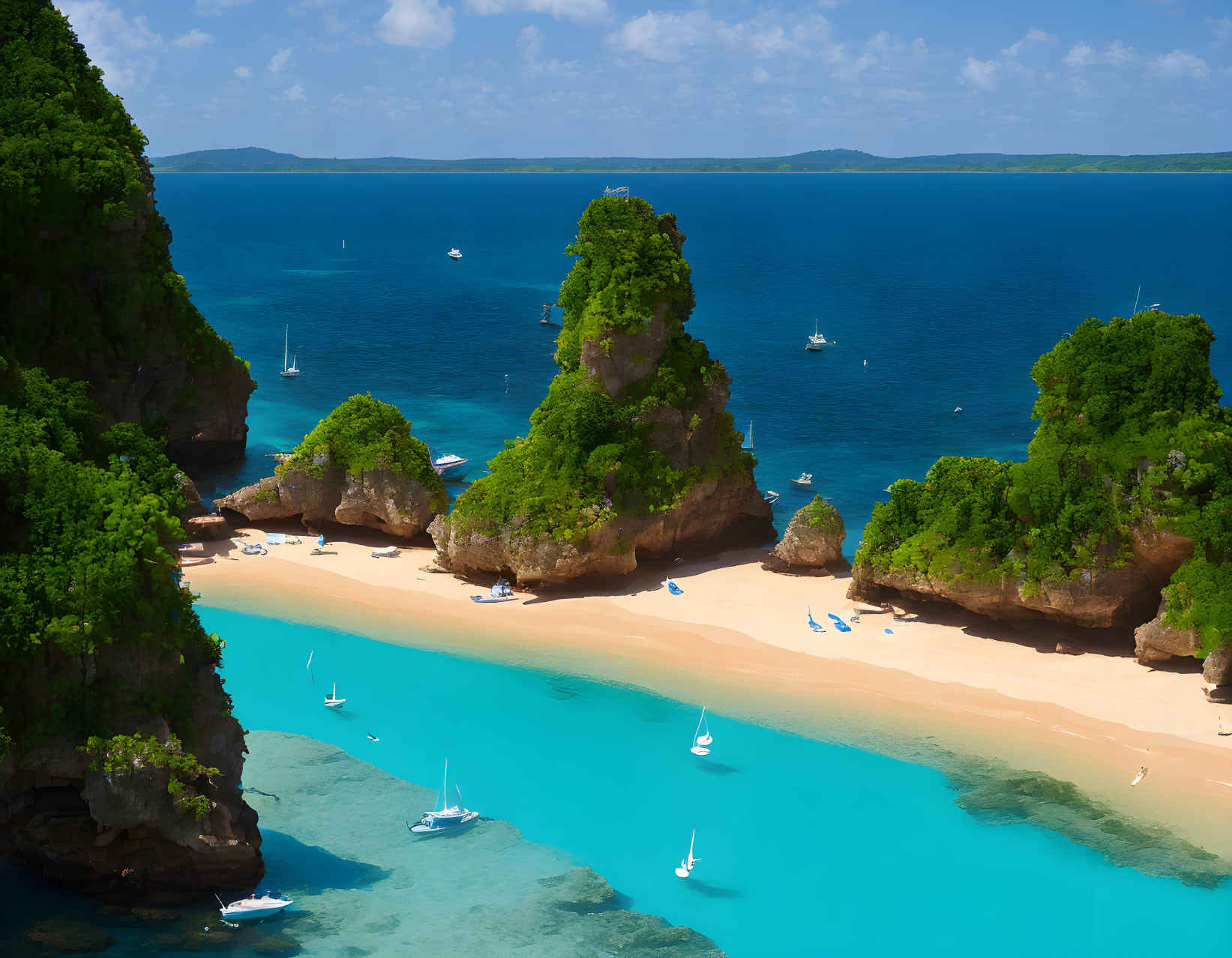 Idyllic tropical beach scene with rock formations, greenery, white sand, and boats.