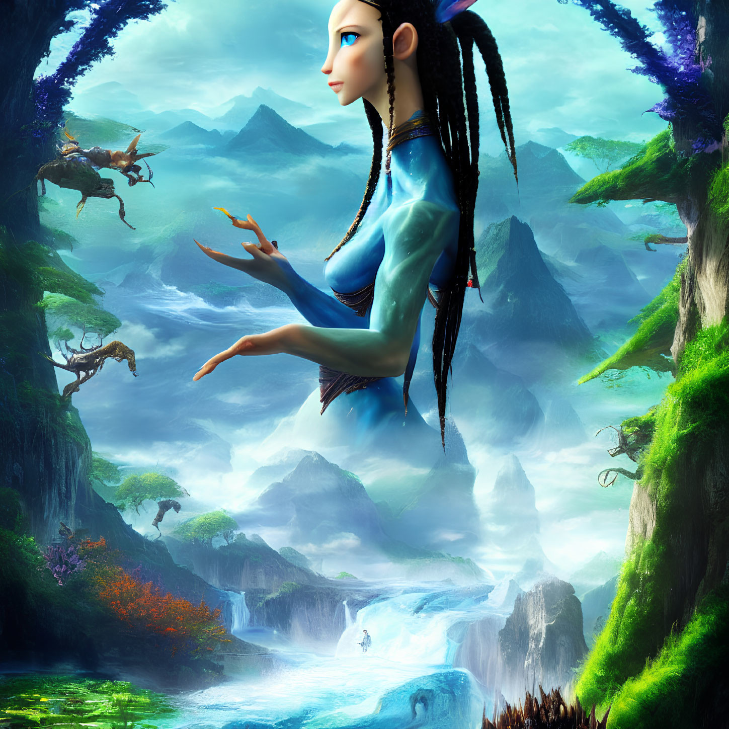 Fantasy landscape with floating blue-skinned humanoid, lush greenery, waterfalls & flying creatures