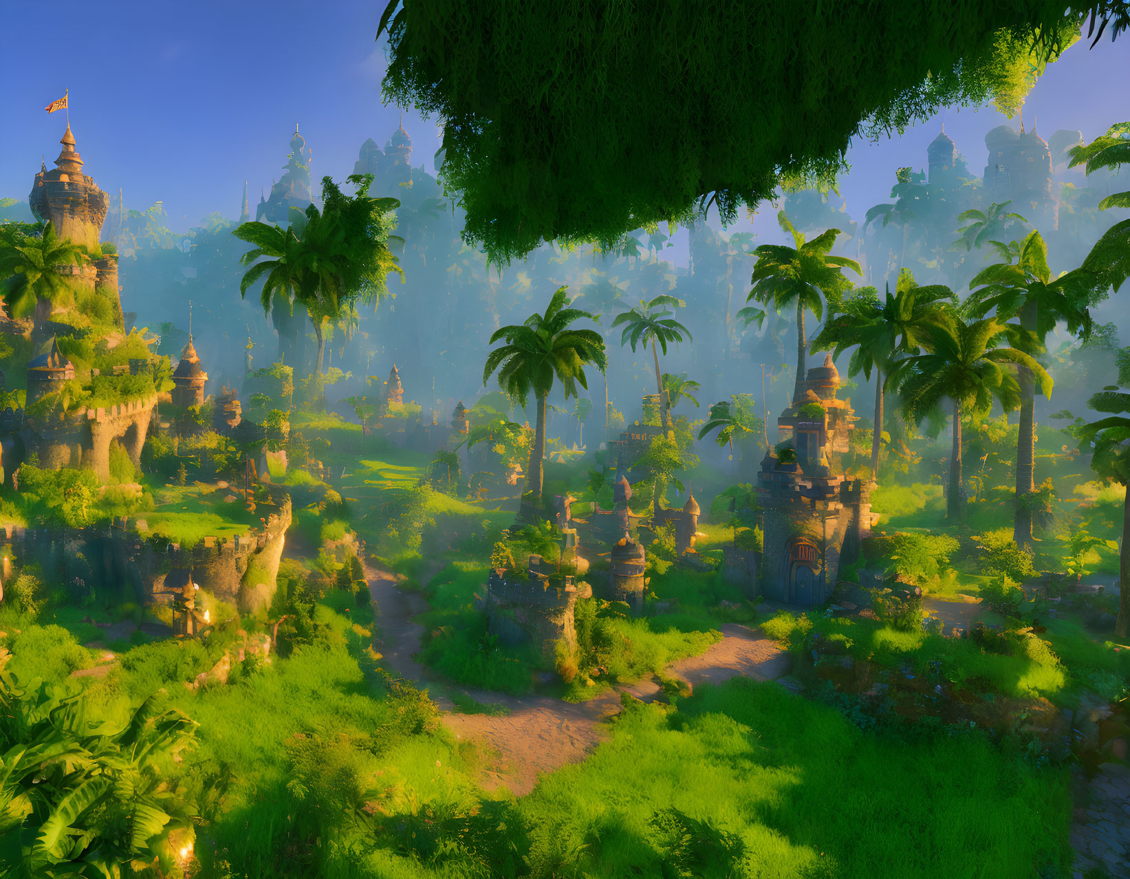 Vibrant jungle landscape with ancient ruins and palm trees