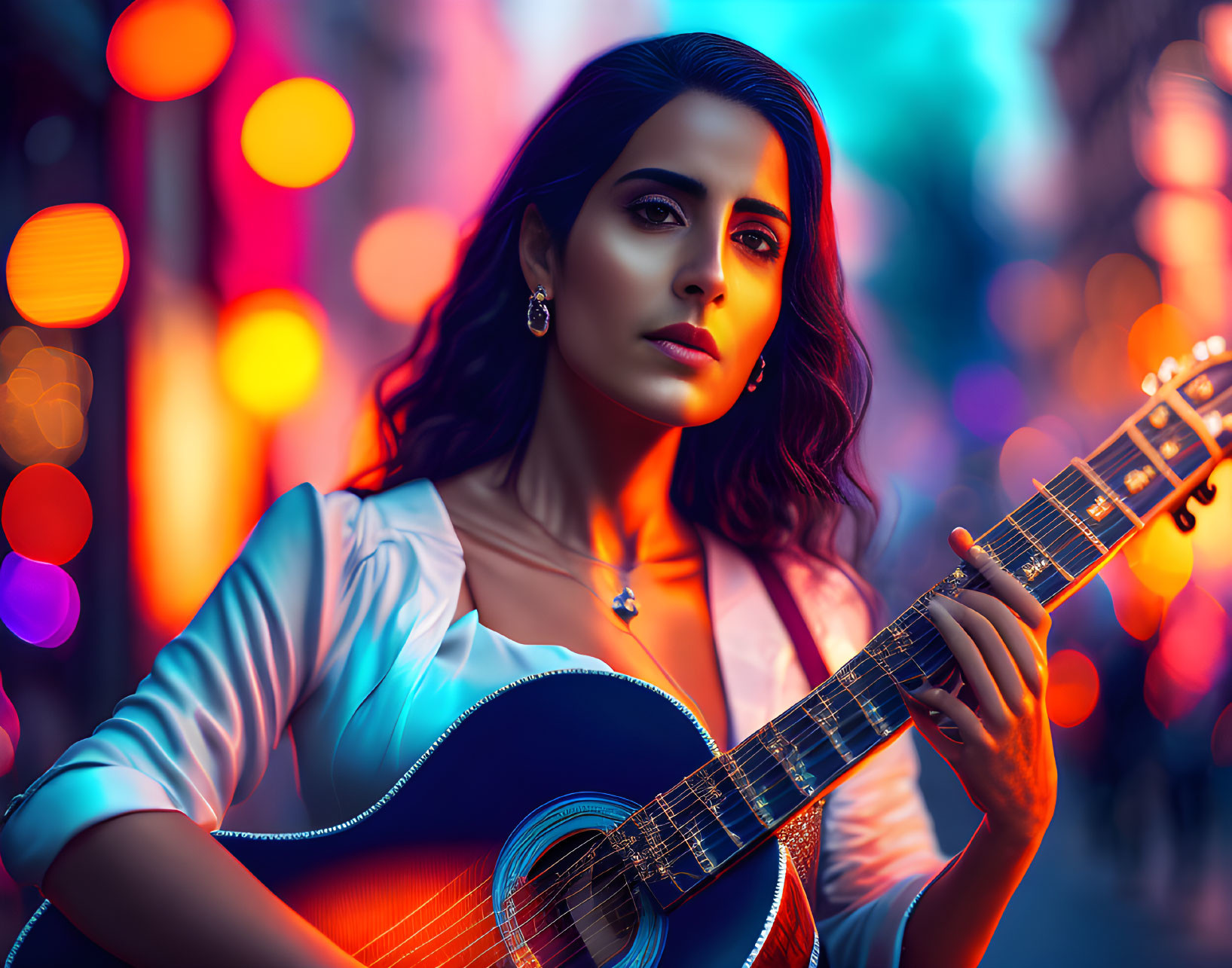 Woman with Guitar and Colorful Bokeh Lights