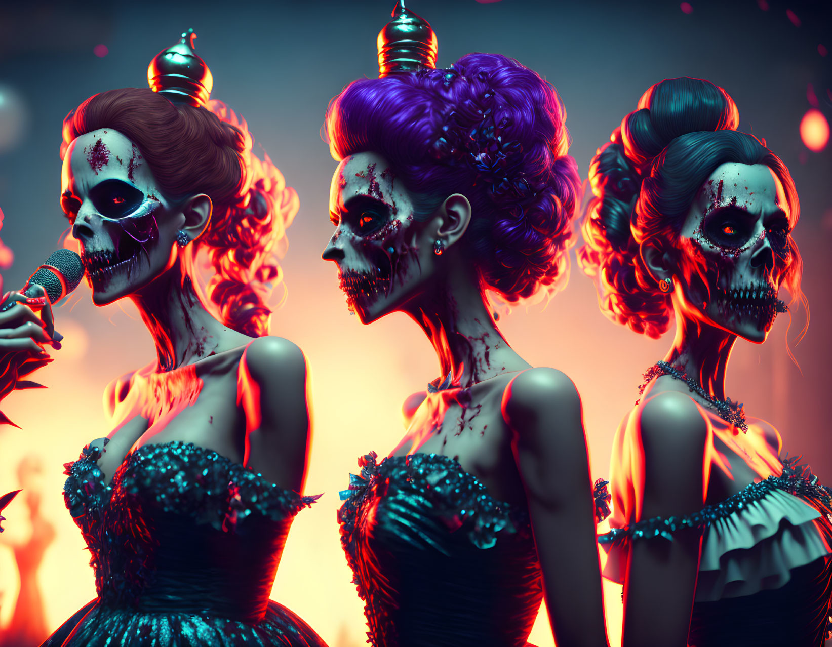 Three women with skull makeup and elaborate hairstyles in fancy attire against a red lit backdrop in a Dia de