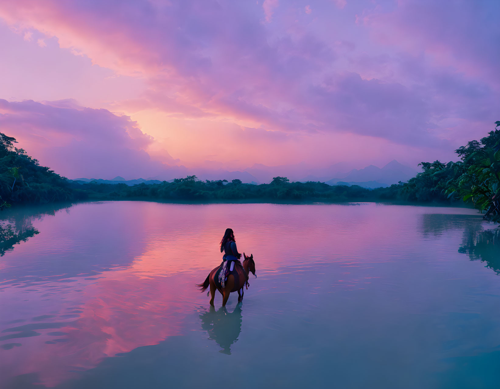 Person on horseback crossing tranquil lake at dusk with pink and purple sky.